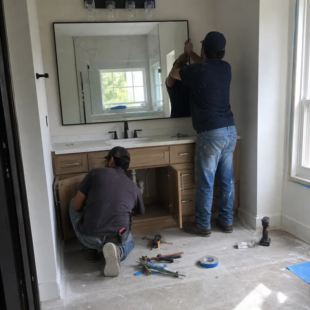 Professional contractors working on a bathroom vanity remodel project nationwide