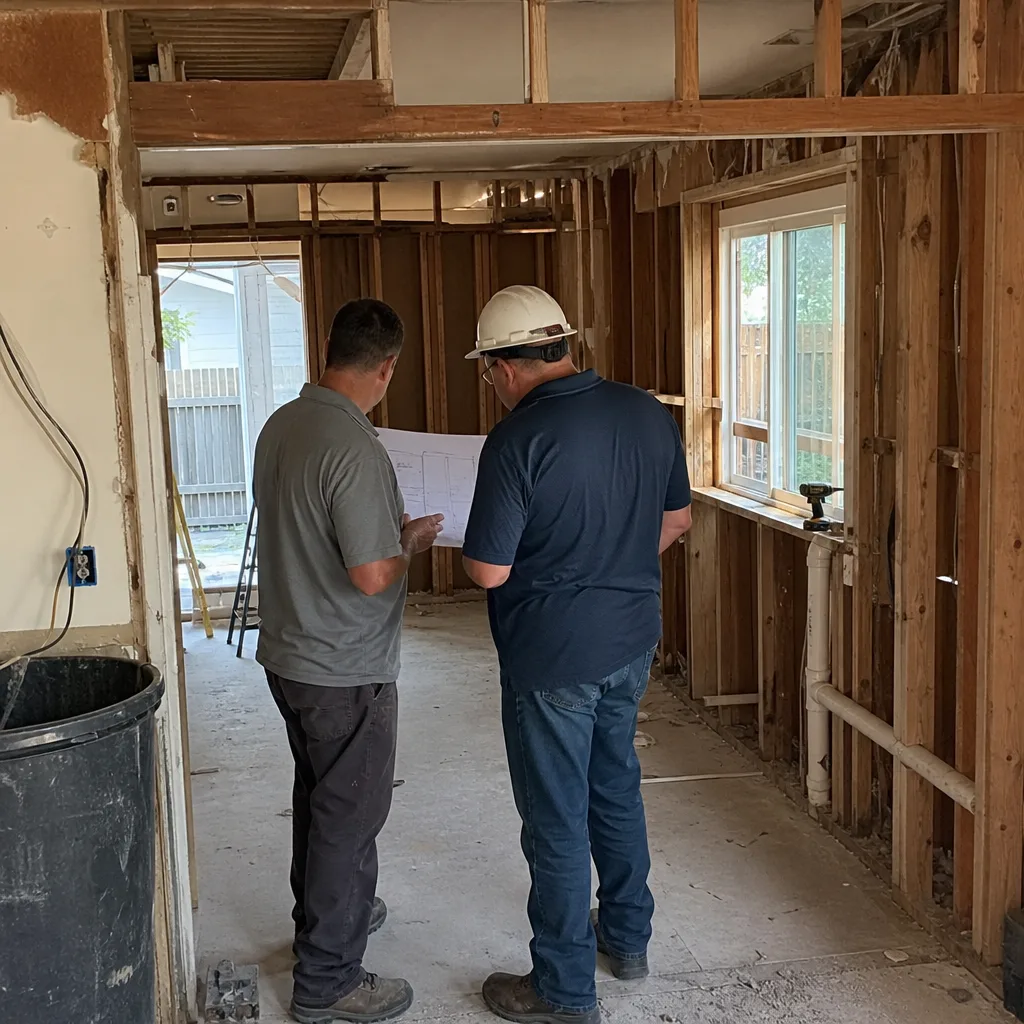 General contractor and construction professional reviewing blueprints during a home renovation project nationwide