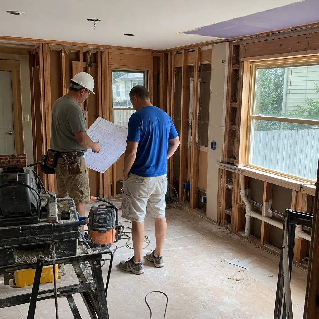 General contractors reviewing blueprints during a home renovation project in St. Cloud, FL