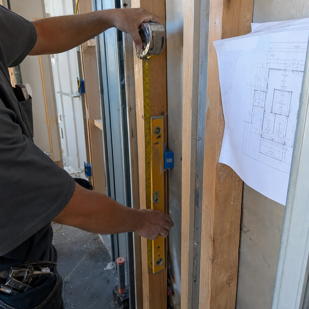 Contractor measuring wooden wall studs with tape measure and level
