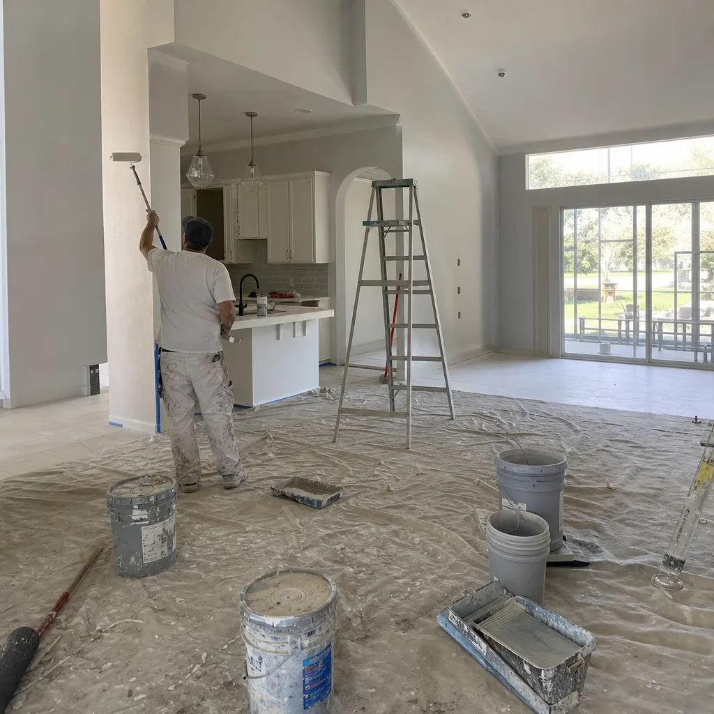 professional painter renovating interior walls with paint roller and equipment in Orlando, FL