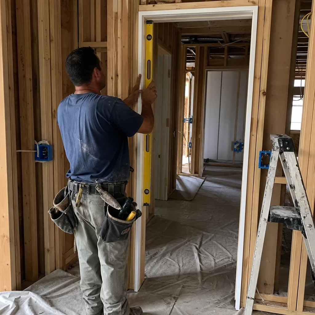 Contractor using a level to install a door frame in a house nationwide