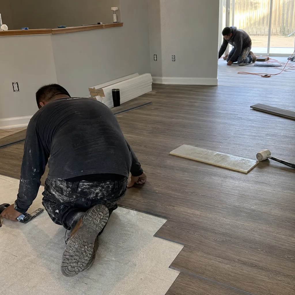 Professional contractors installing luxury vinyl plank flooring during a home renovation. nationwide