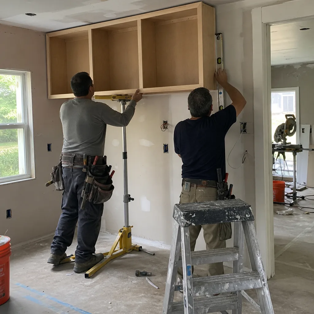 Two professional contractors installing upper kitchen cabinets during a home renovation. in Orlando, FL