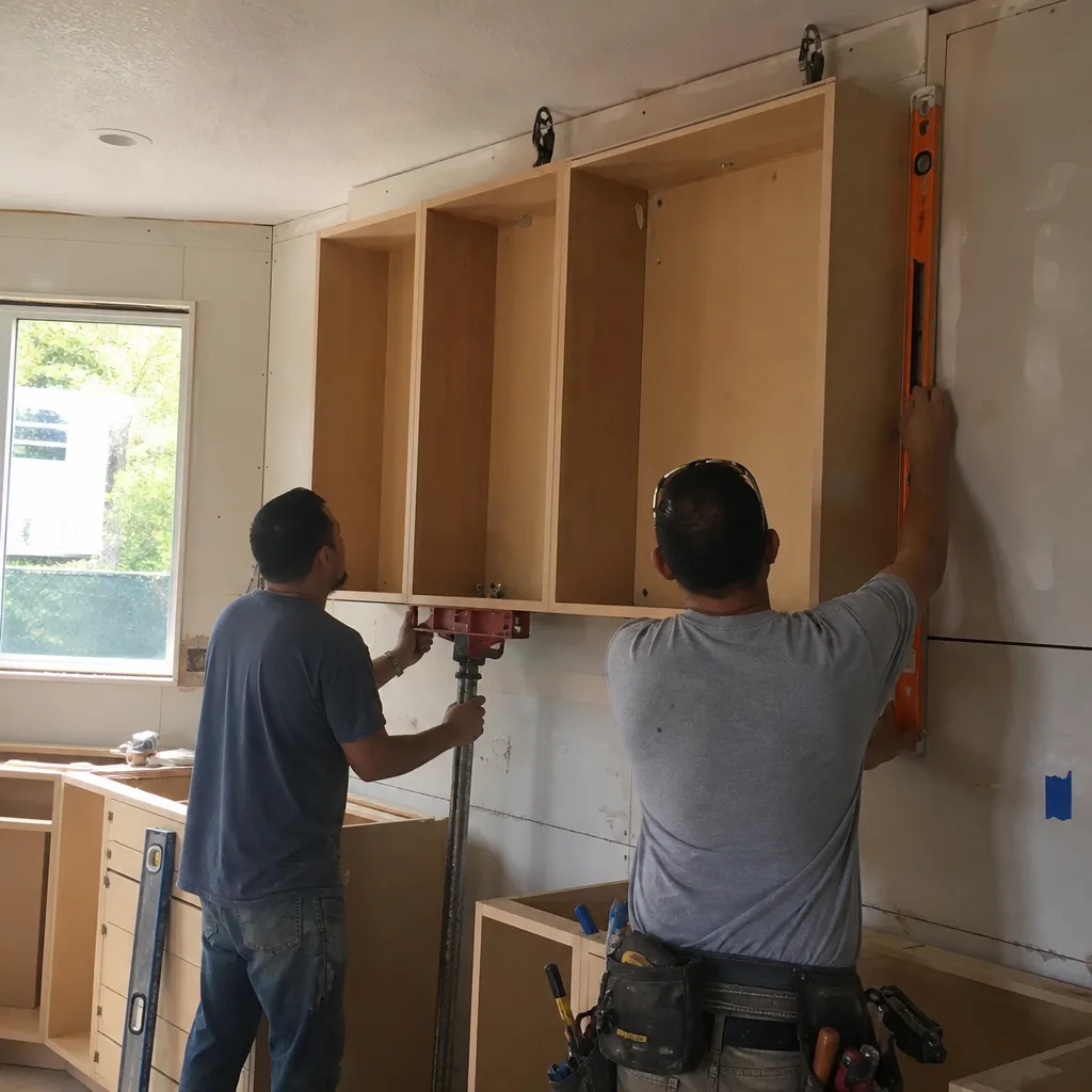 Two contractors installing custom upper kitchen cabinets during a home remodel
