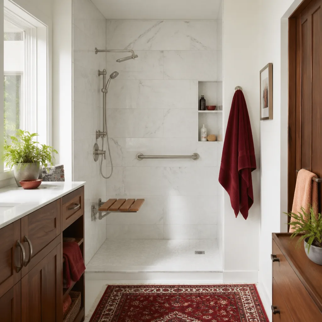 A low-threshold walk-in shower with a bench and grab bar