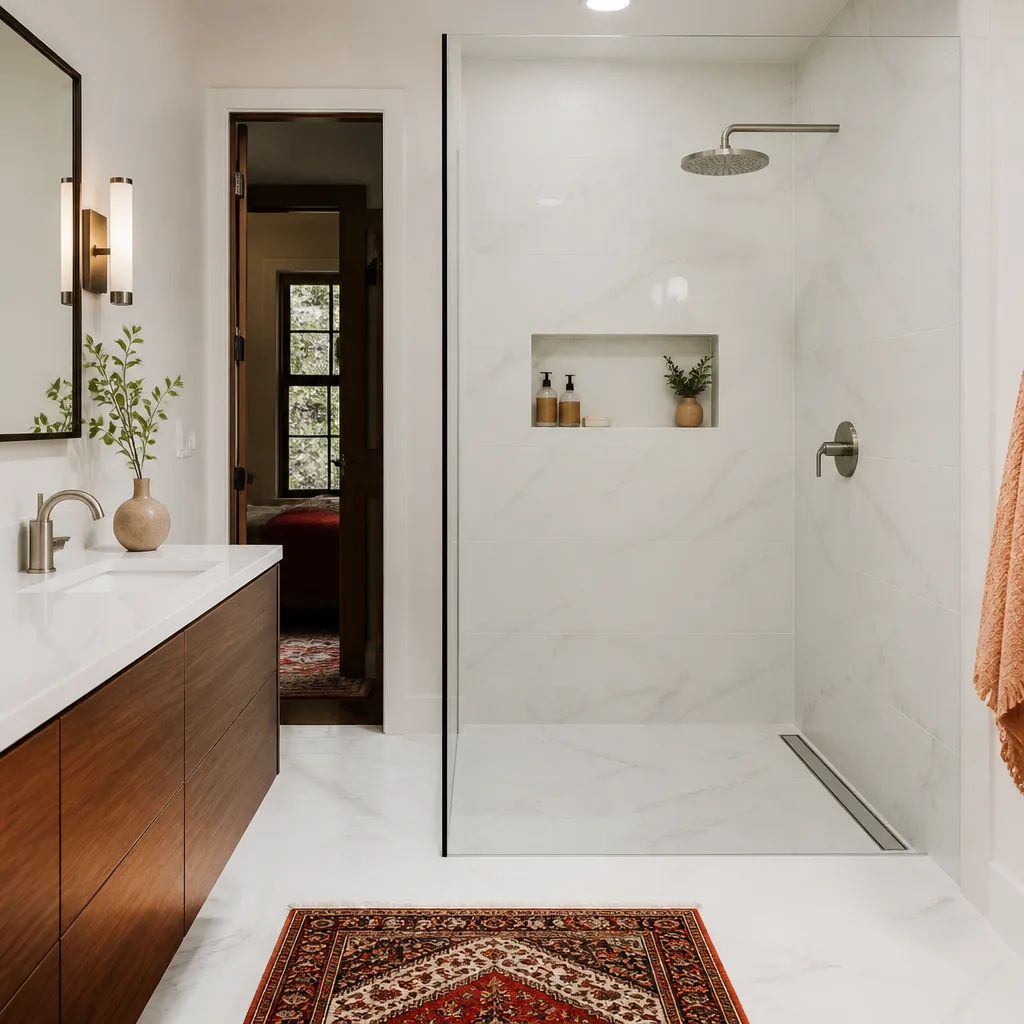 A walk-in shower with large-format tile and a built-in niche