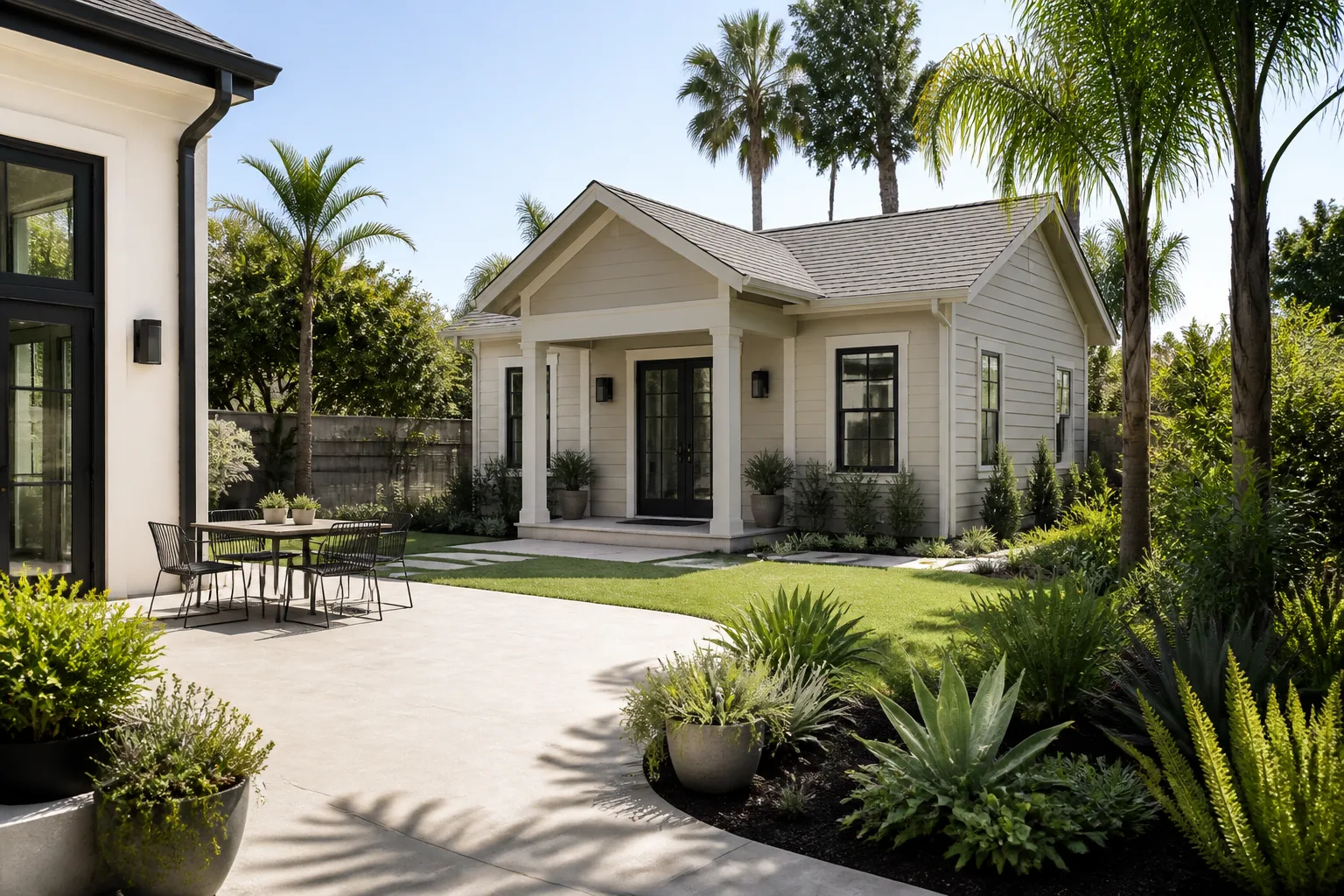 A finished backyard cottage with a small covered porch