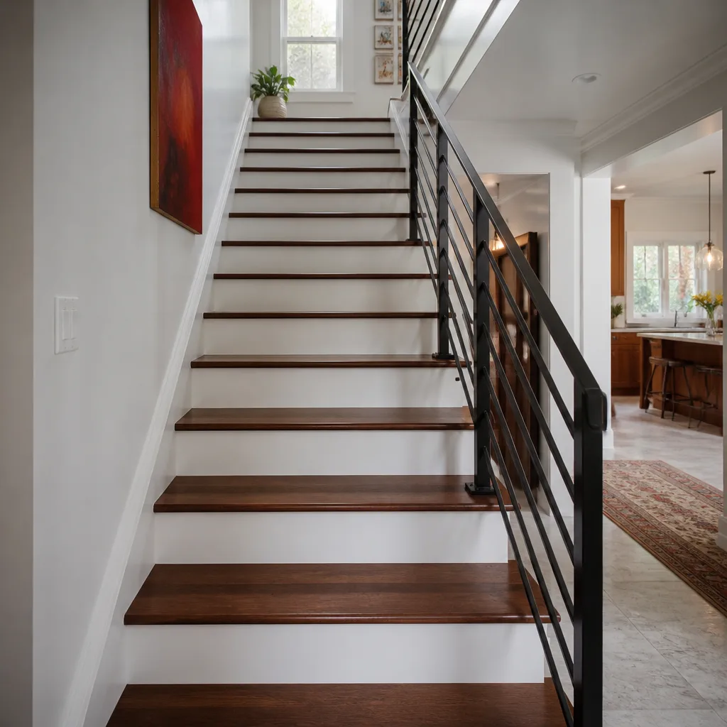 A remodeled staircase with wood treads and a slim metal railing