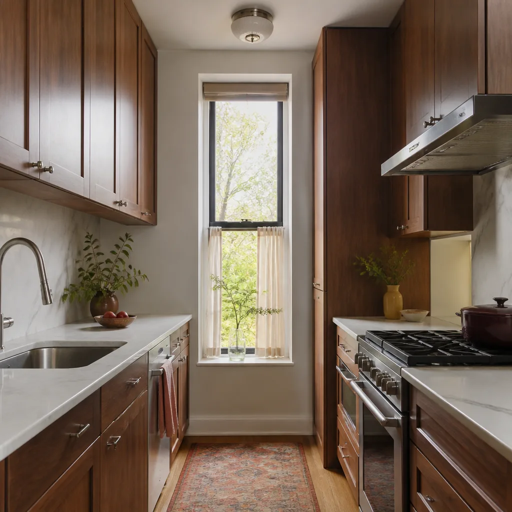 A small remodeled galley kitchen with cabinets to the ceiling