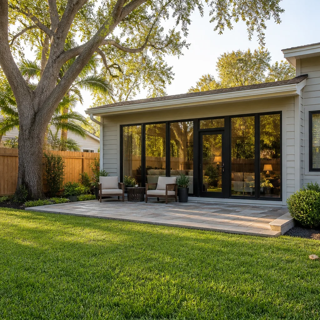 A single-story rear room addition with tall windows and a new patio
