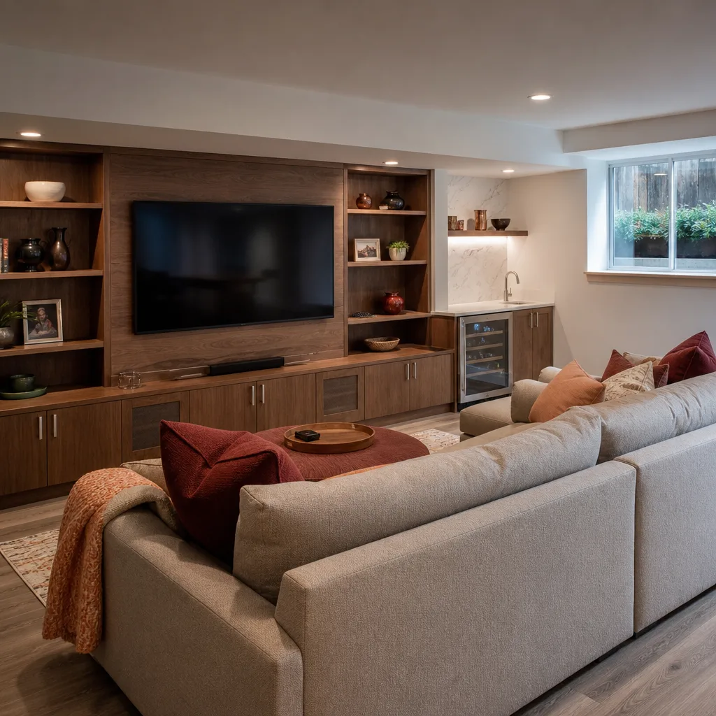 A finished basement family room with a media wall and wet bar