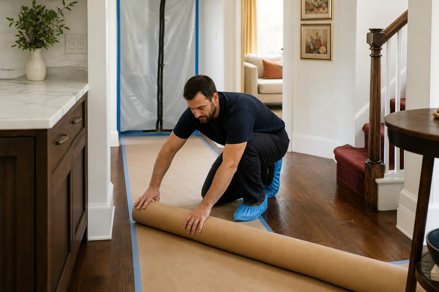 A worker laying floor protection and a dust barrier before work starts
